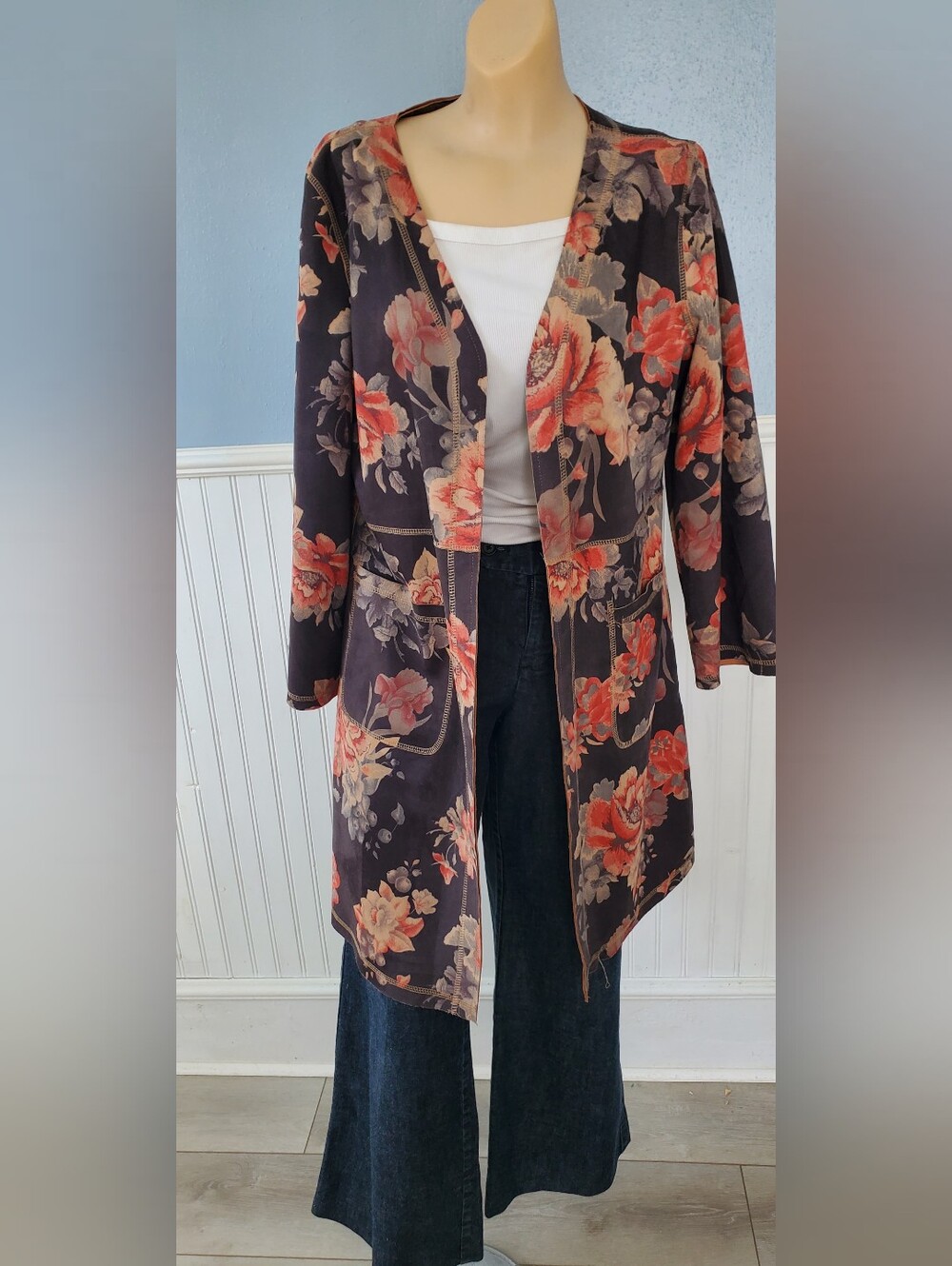 Anthropologie Solitaire Floral Long Faux Suede Duster Jacket